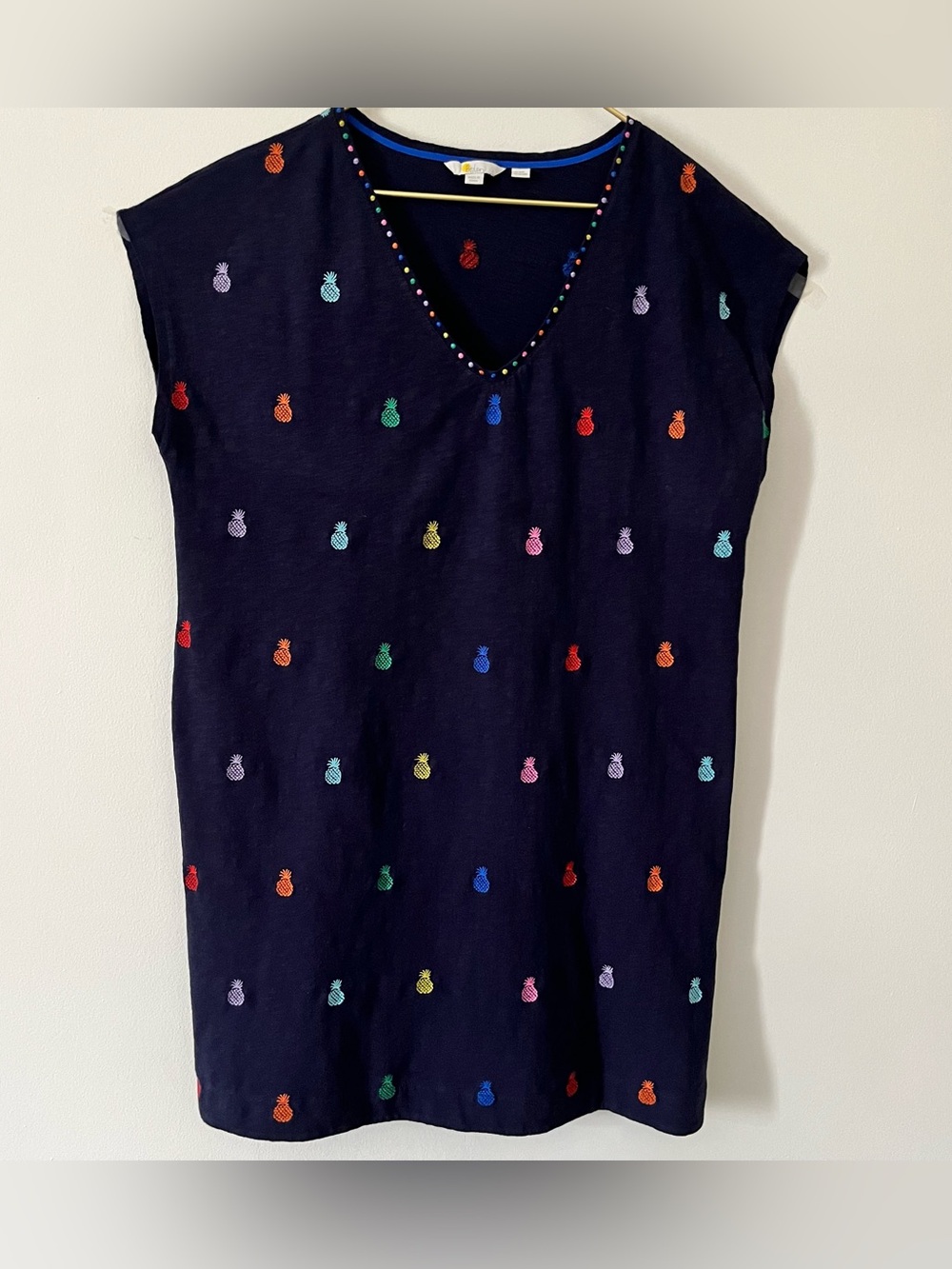 Boden Women’s Navy V‑Neck Dress With Rainbow Pineapple Embroidery Size 16-18